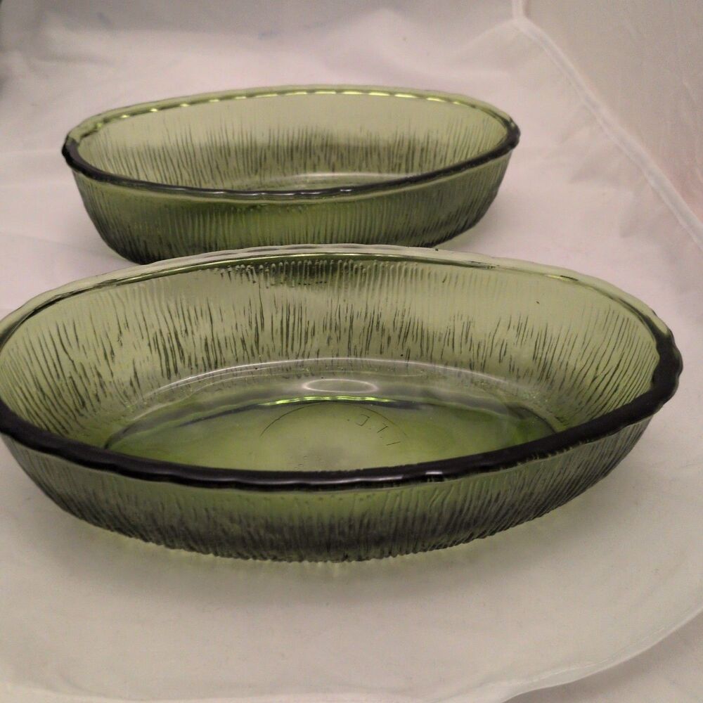 Vintage 1975 FTD Avocado Green Oval Glass Bowls - Set of 2 Bark Textured Mid...